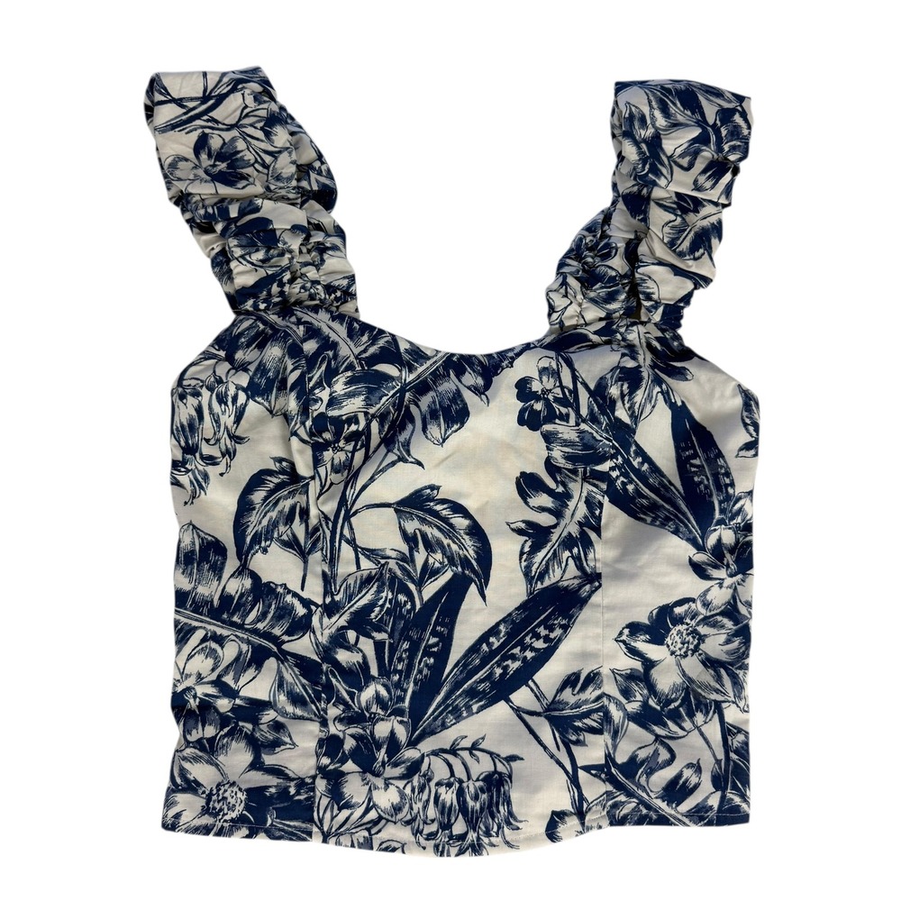Abercrombie & Fitch Blue White Tropical Toile Ruffle‎ Strap Smocked Crop Top XS